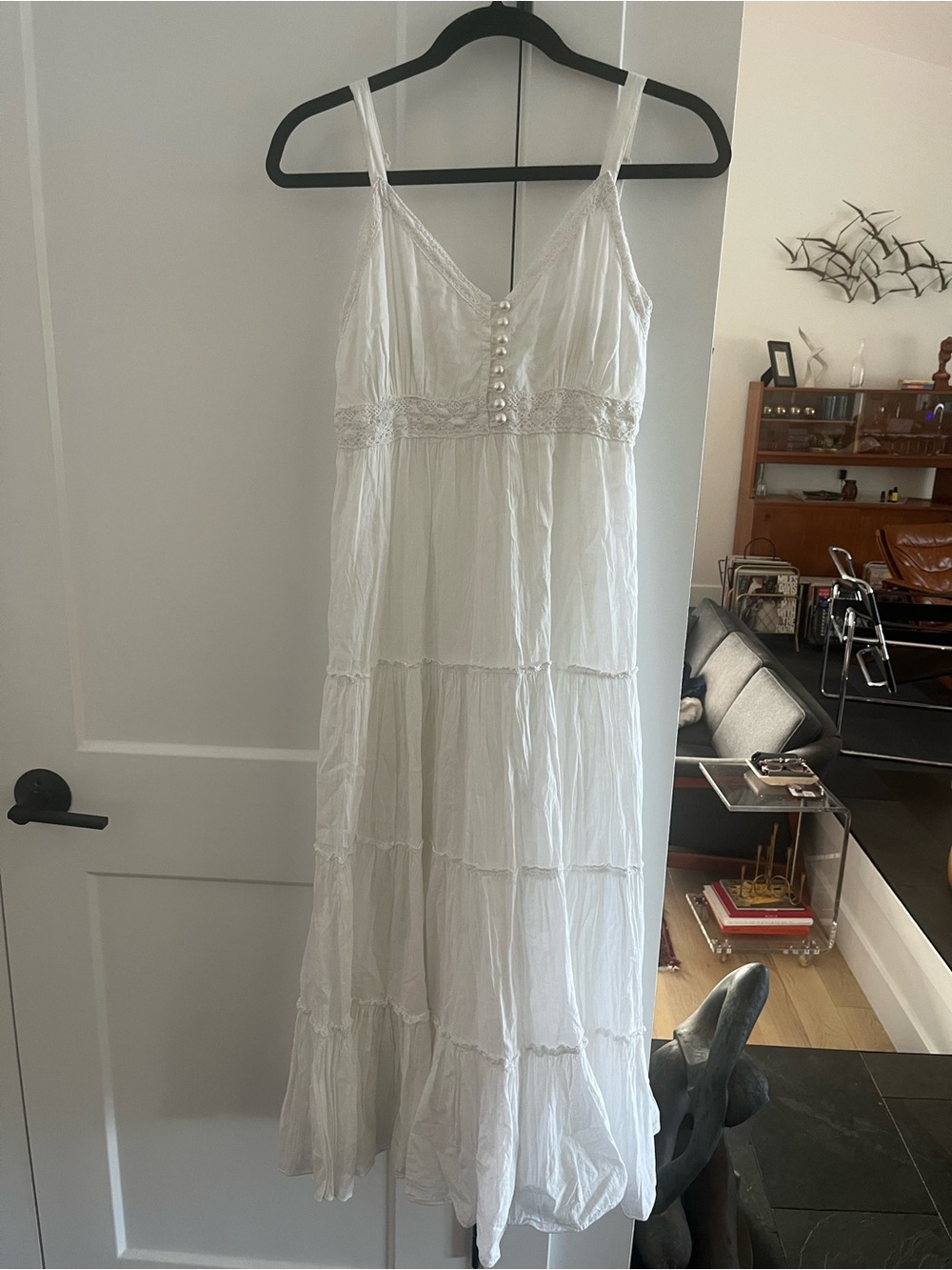 Vasna Desire white cotton Lace-Trim Maxi Dress ButtonFront feminine peasant boho